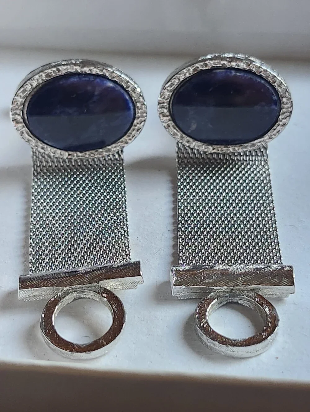 Vtg Dante Silver Tone Mesh Cufflinks with Dark Blue Oval Stones